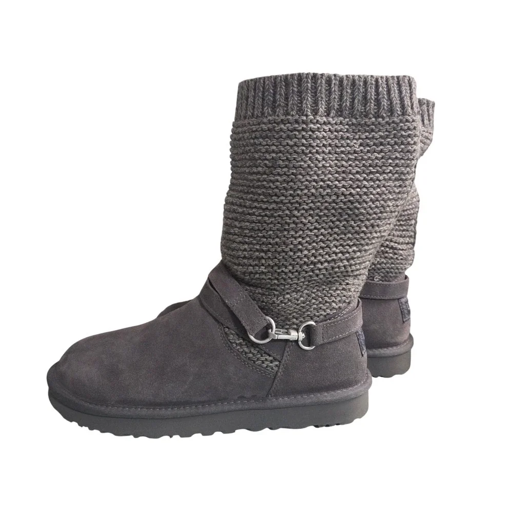 UGG Purl Strap Grey Suede Sweater Knit Mid Calf Cozy Boots 1098080 Womens 11